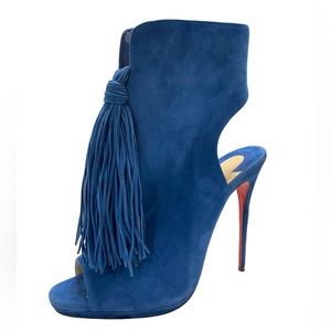 Christian Louboutin Otoka 120 Blue Suede Peep Toe Tassel Fringed Heels Booties